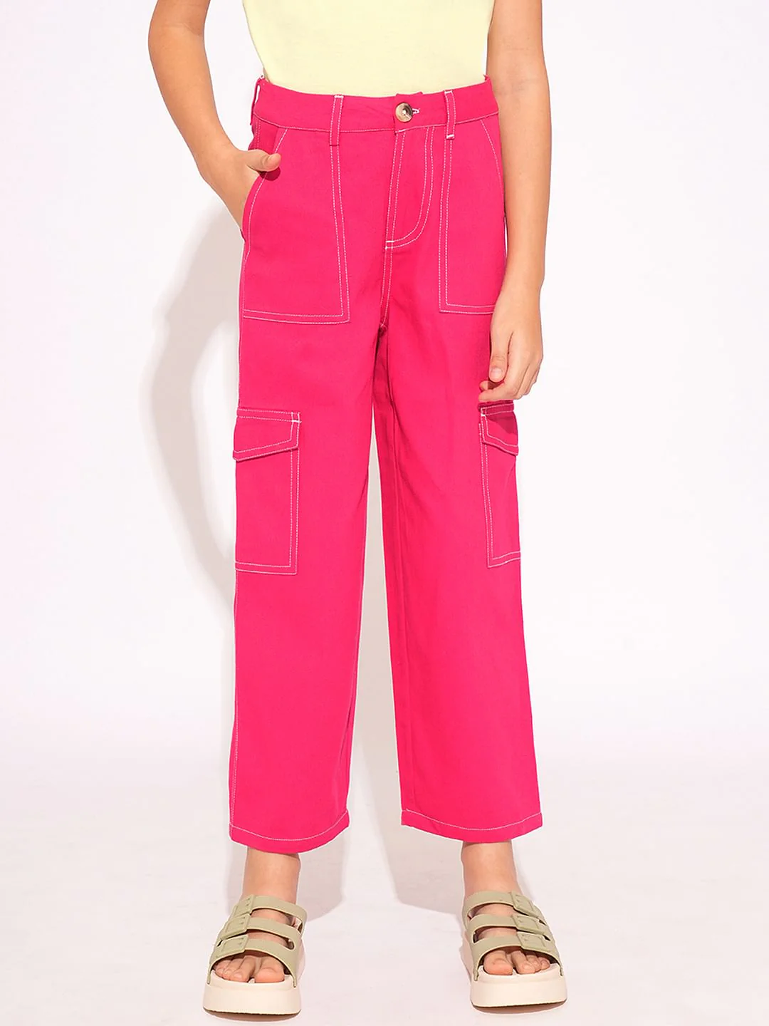 Girls Pink Contrast Stitch Straight Fit Pants - Image 2