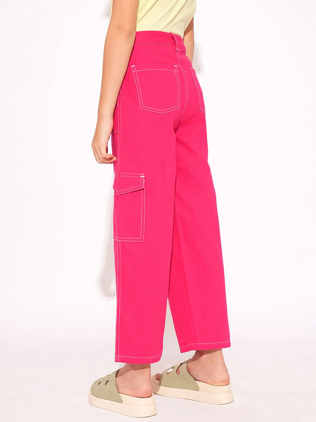 Girls Pink Contrast Stitch Straight Fit Pants - Image 3