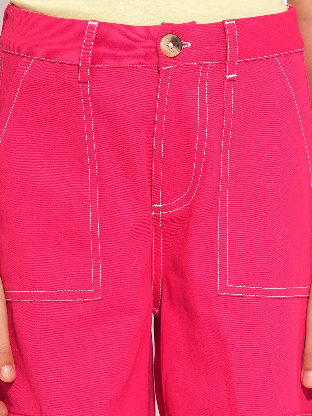 Girls Pink Contrast Stitch Straight Fit Pants - Image 4