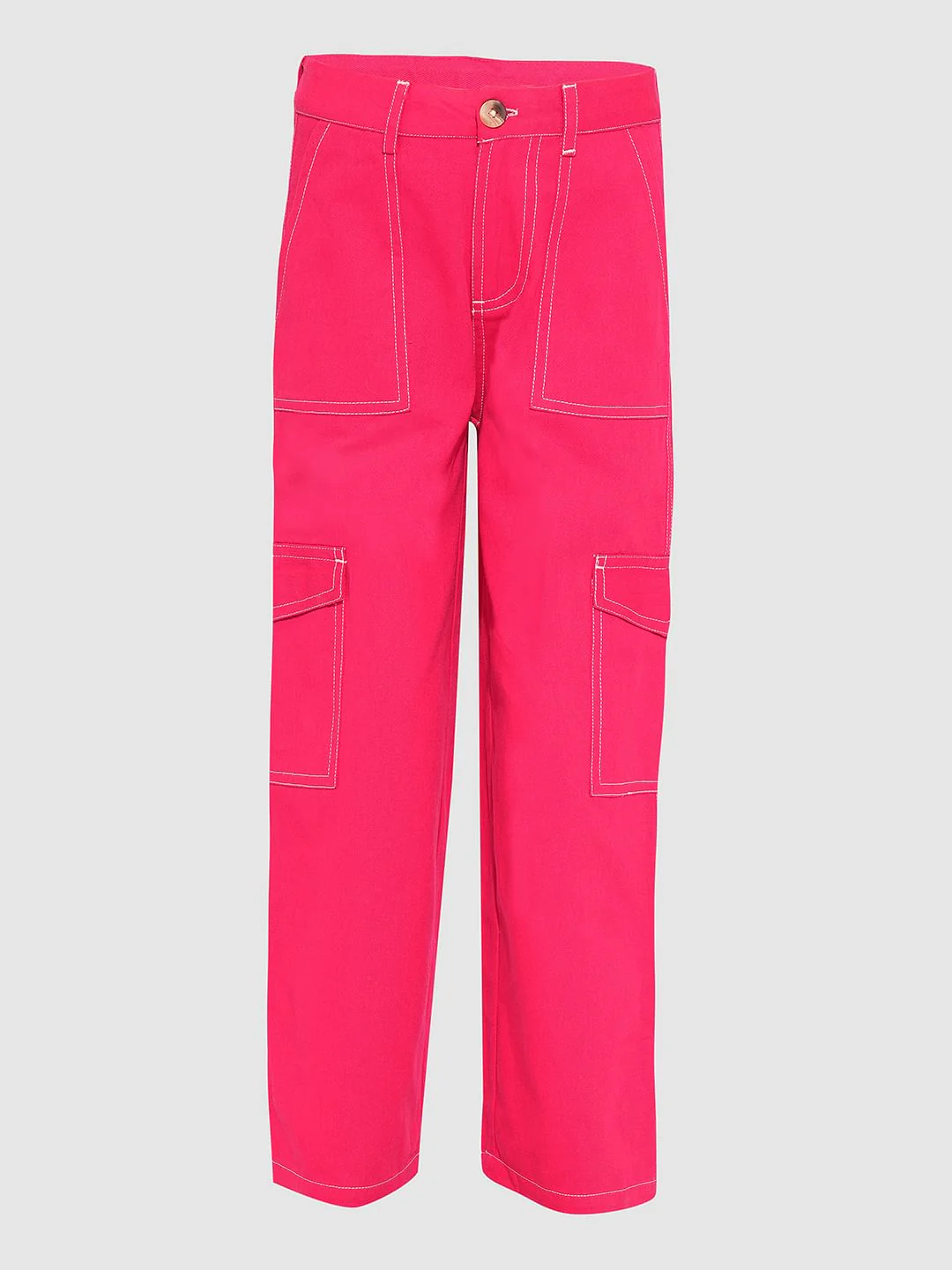 Girls Pink Contrast Stitch Straight Fit Pants - Image 5