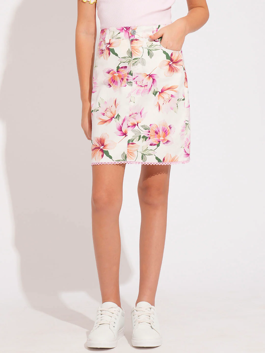 Girls Pink Floral Co-Ord Set Skirt - Image 2