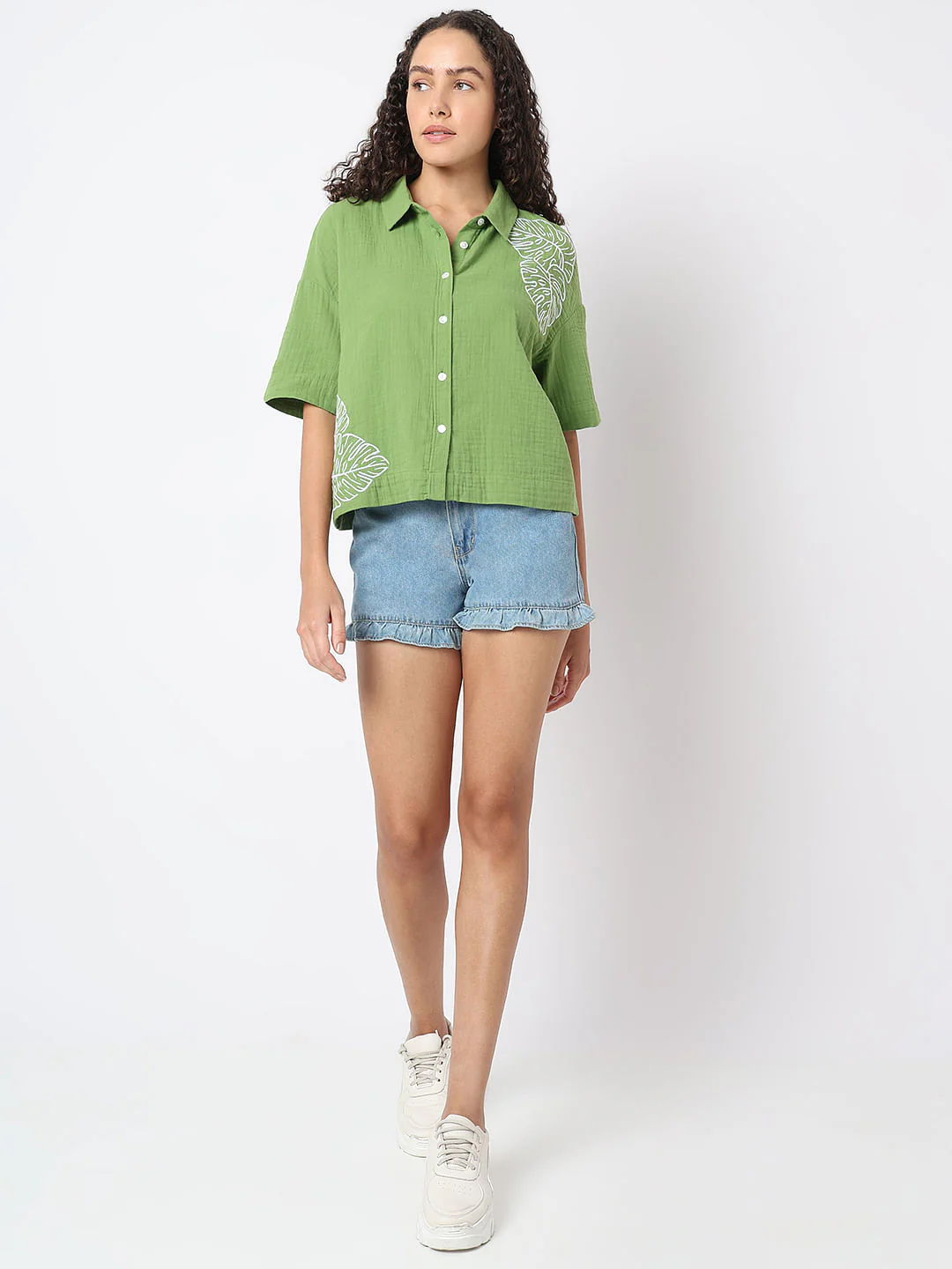 Green Floral Crinkle Weave Shirt - Image 5