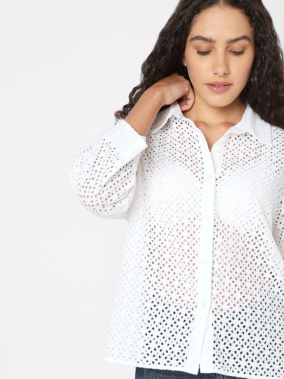 White Cut-Out Cotton Shirt - Image 6