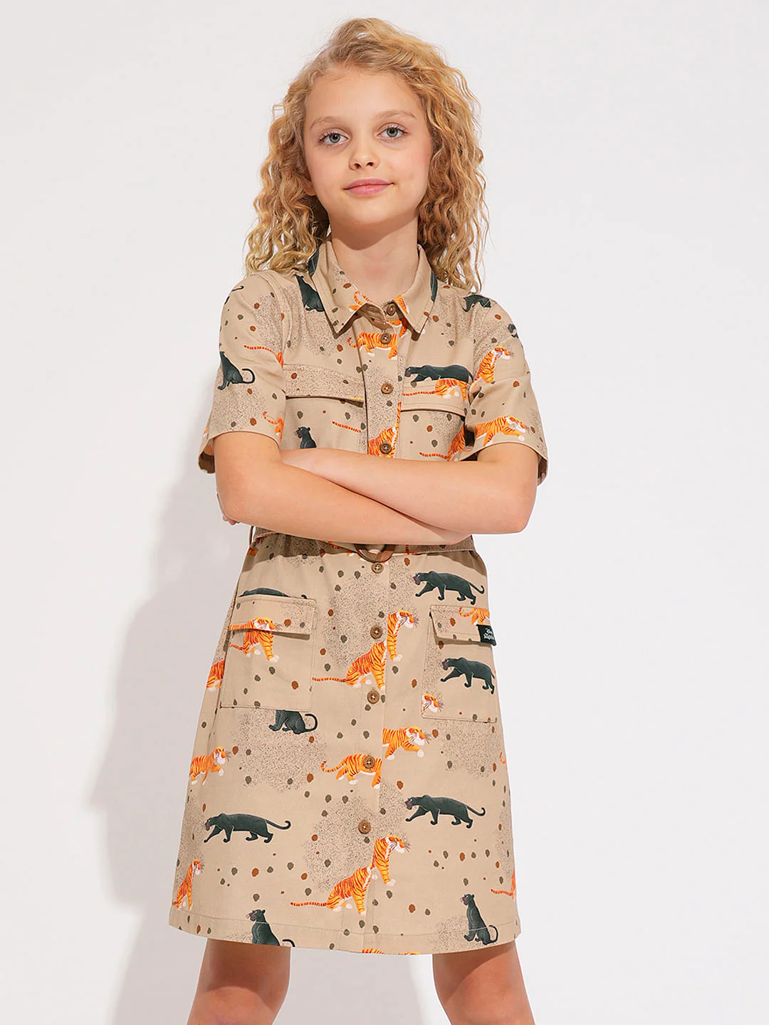 Girls Beige Animal Print Shirt Dress - Image 2