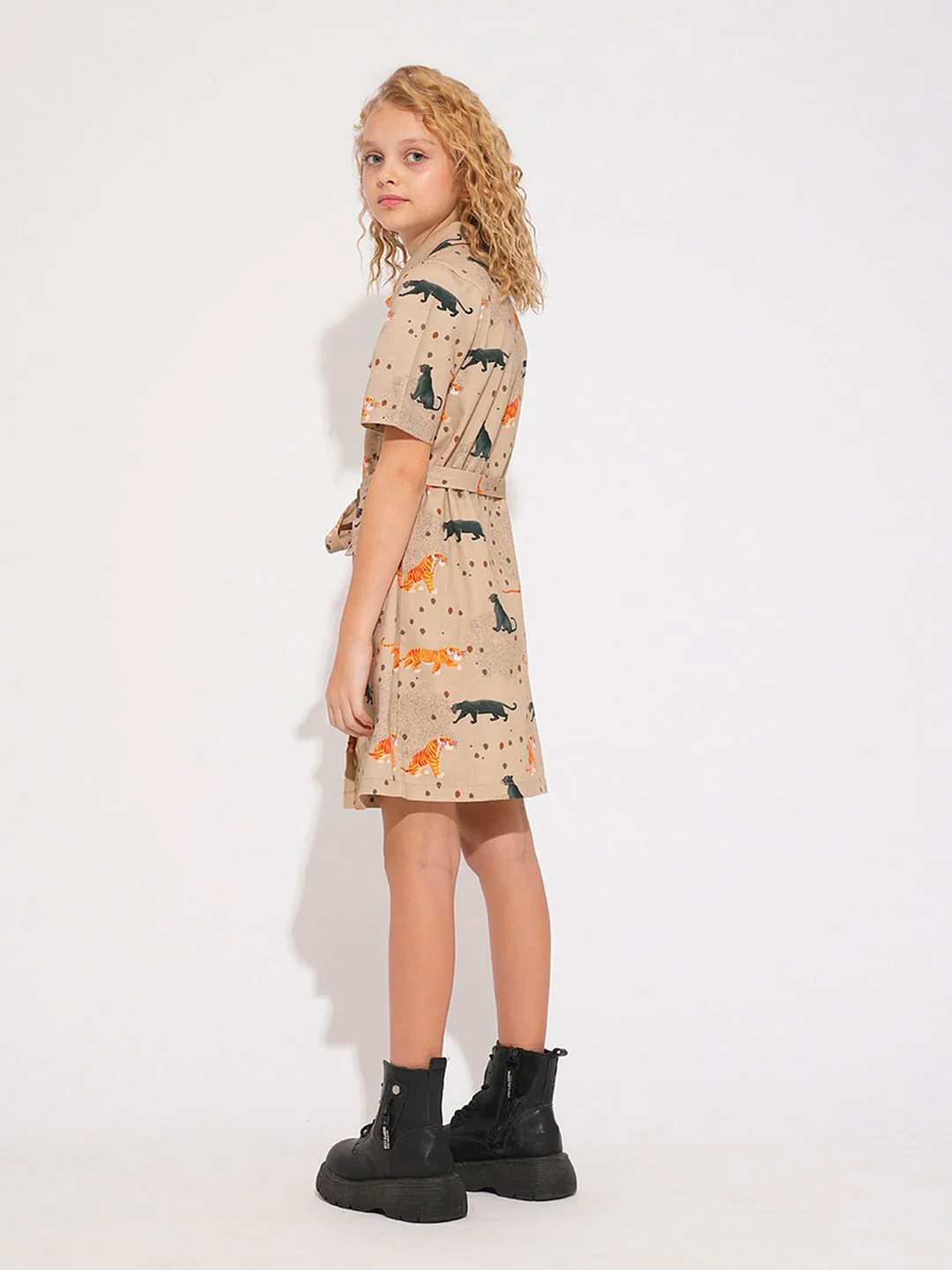 Girls Beige Animal Print Shirt Dress - Image 3