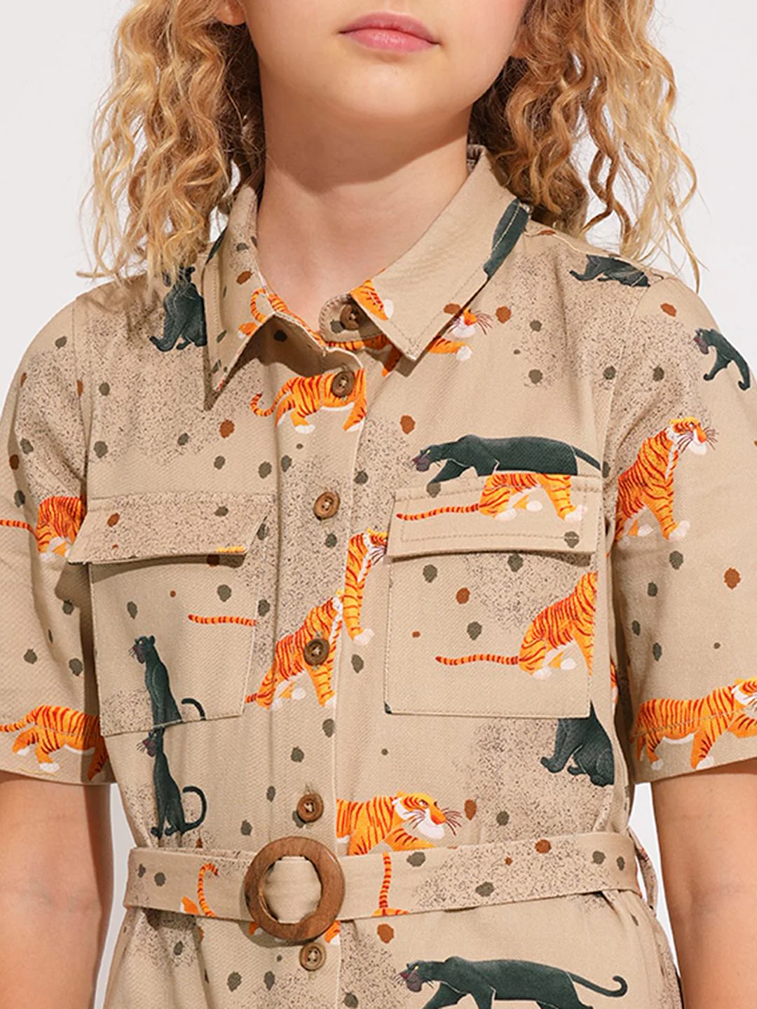 Girls Beige Animal Print Shirt Dress - Image 4