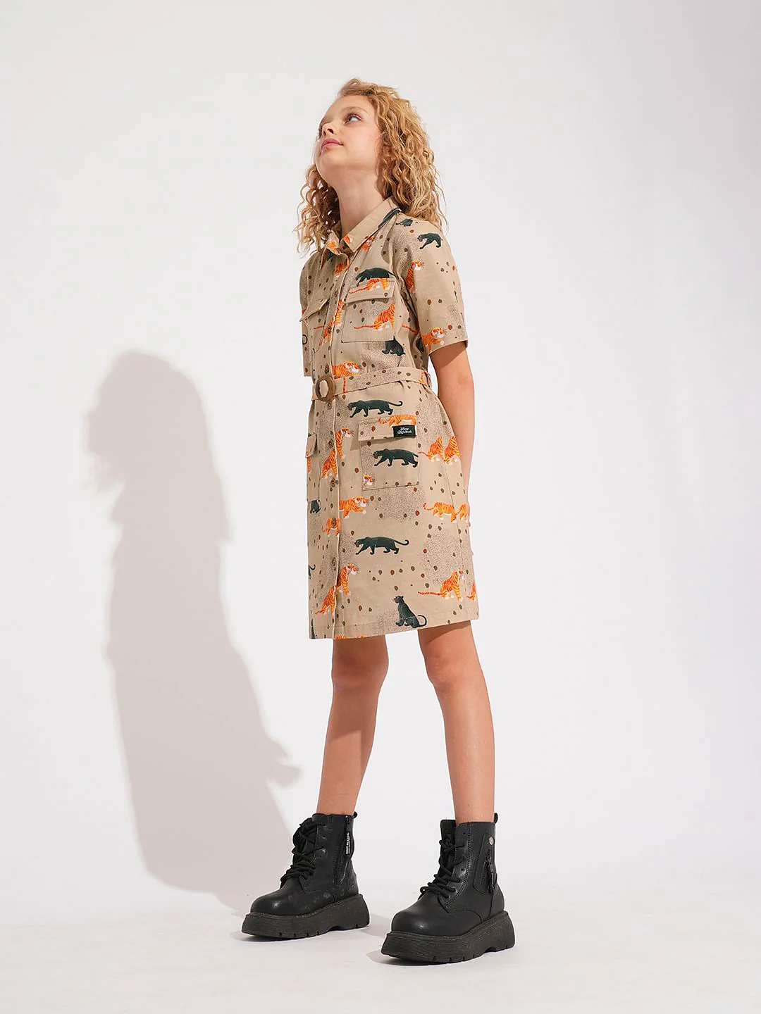 Girls Beige Animal Print Shirt Dress - Image 5