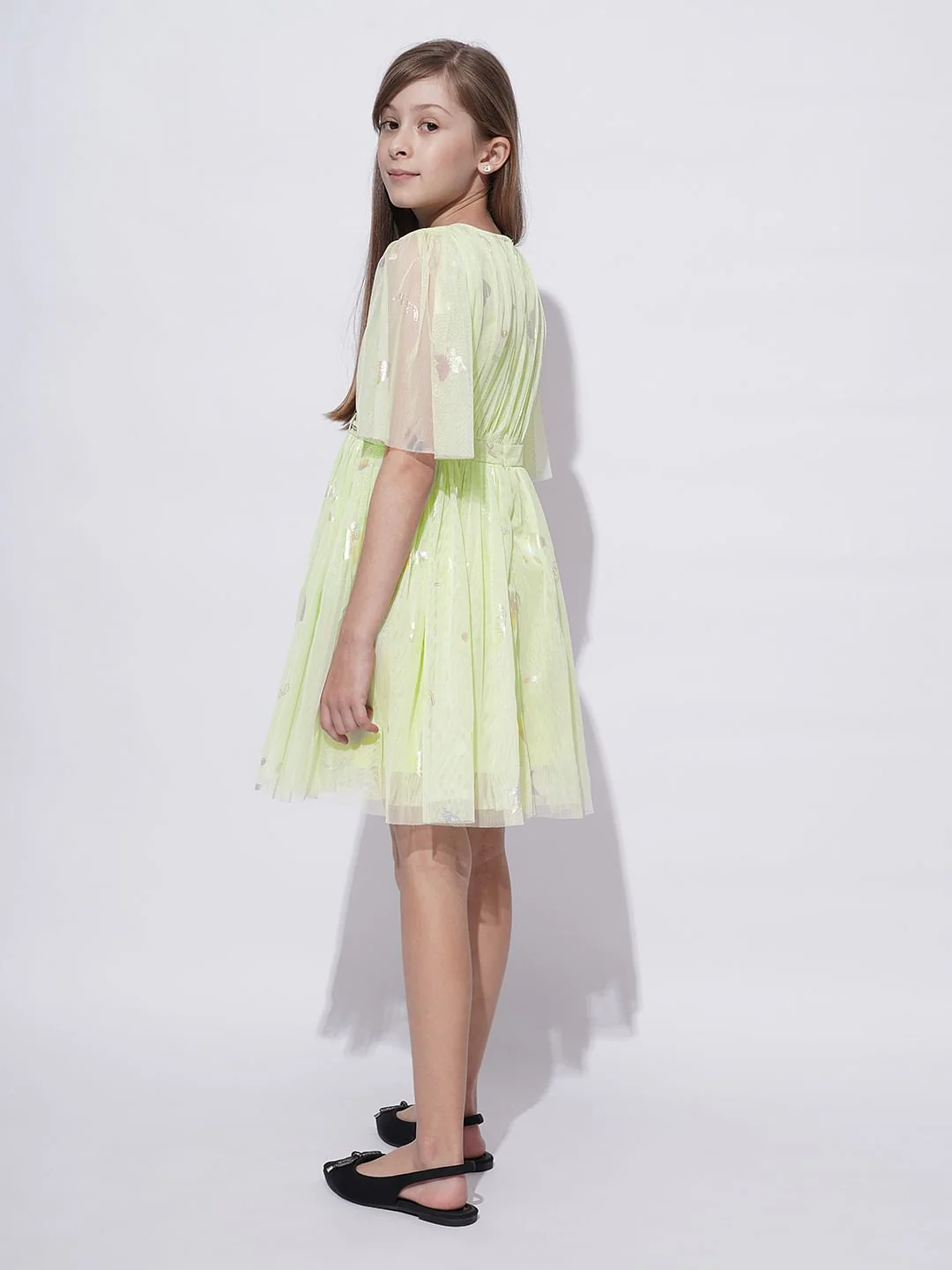 Girls Lime Green Mesh Fit & Flare Dress - Image 3