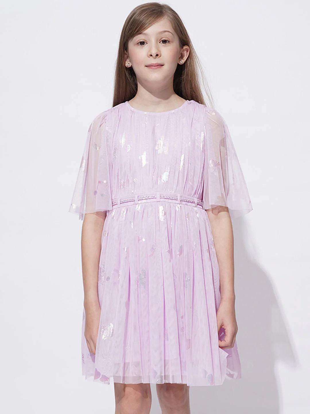 Girls Lilac Mesh Fit & Flare Dress - Image 2