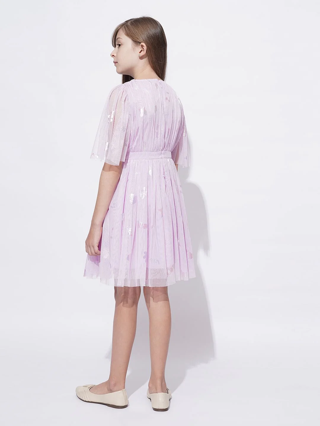 Girls Lilac Mesh Fit & Flare Dress - Image 3