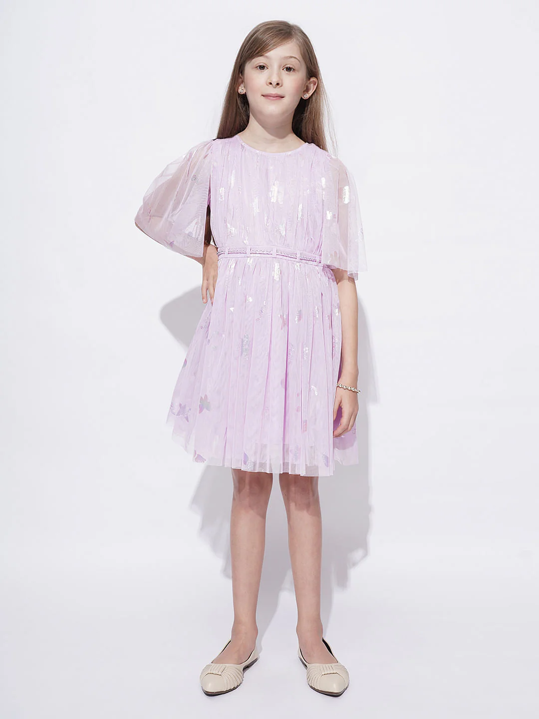 Girls Lilac Mesh Fit & Flare Dress - Image 5