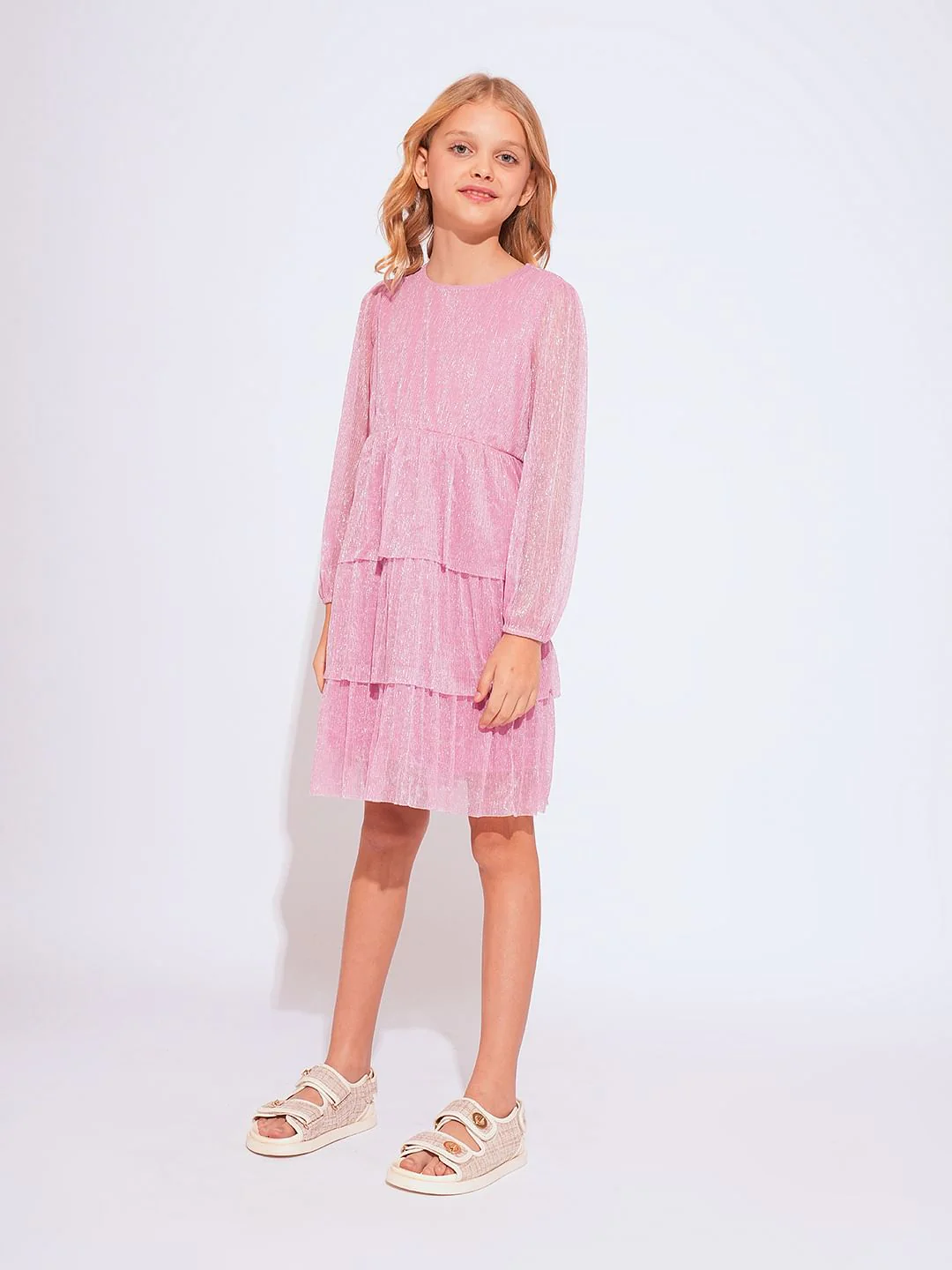 Girls Pink Shimmer Fit & Flare Dress - Image 5