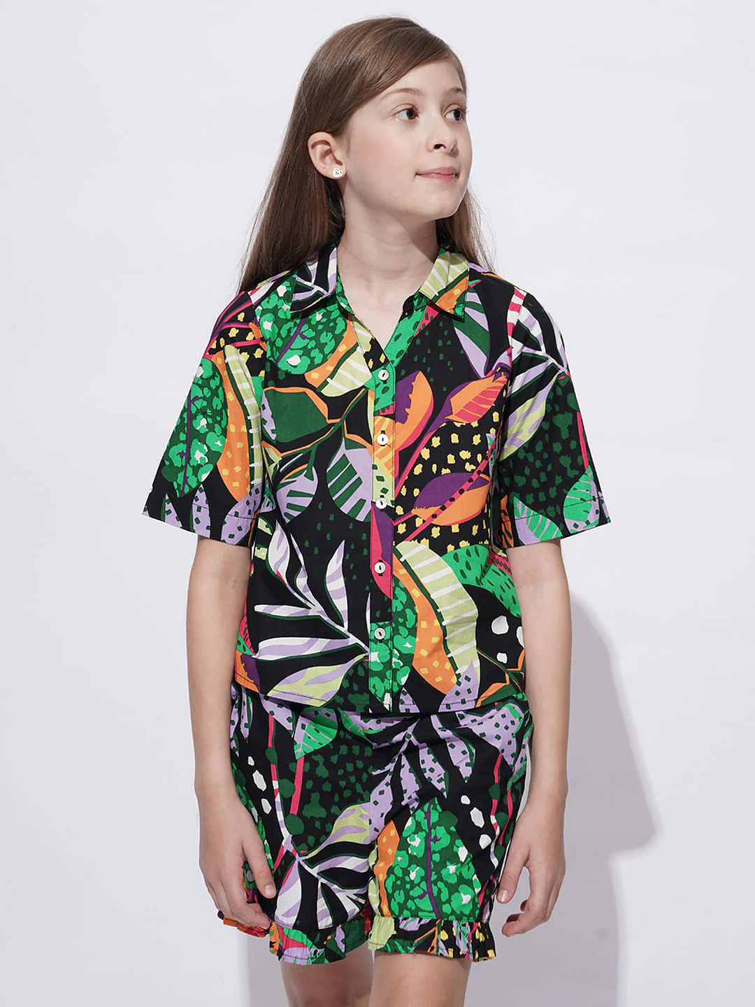 Girls Black Tropical Print Co-Ord Set Shirt - Image 2