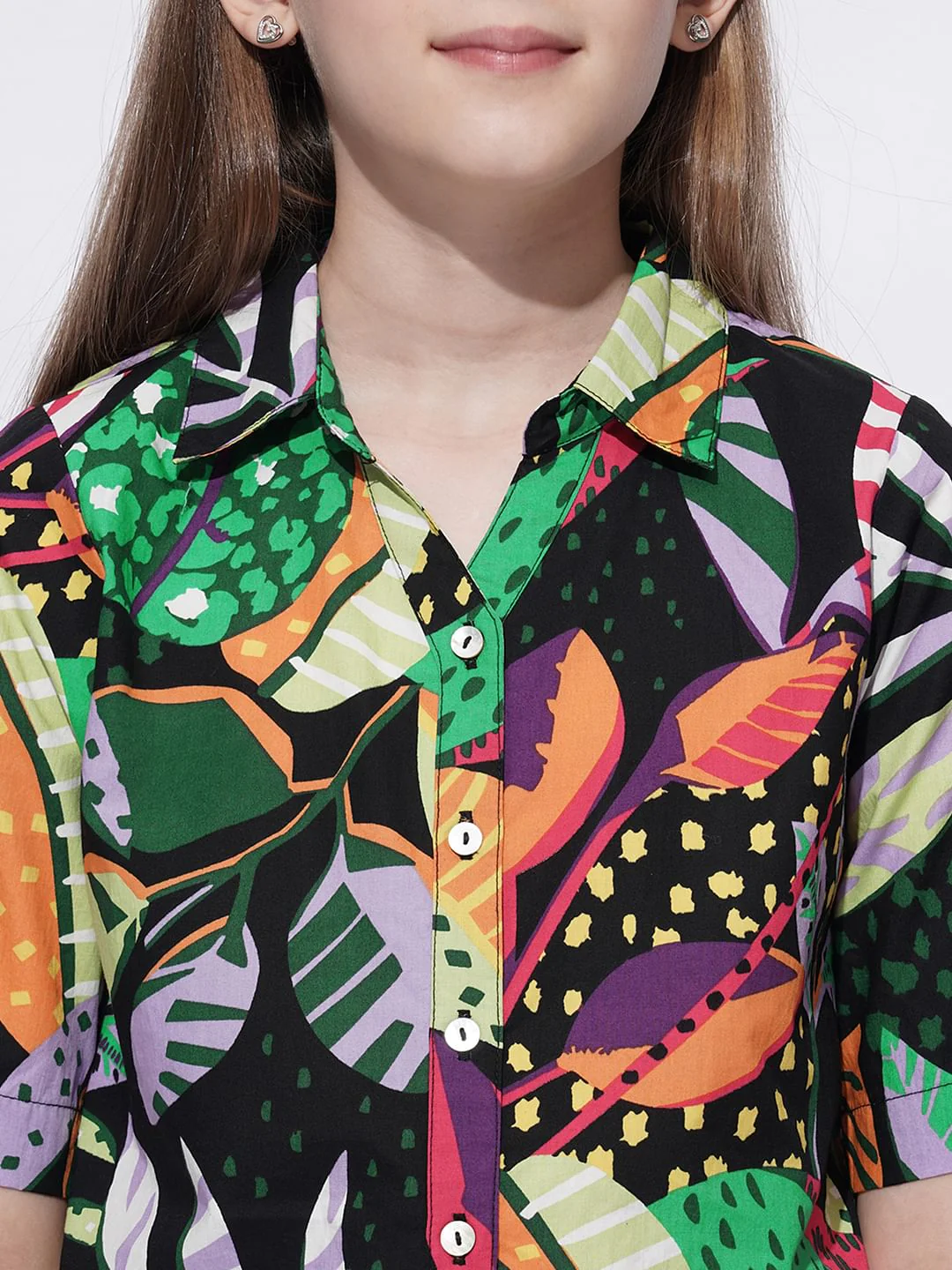 Girls Black Tropical Print Co-Ord Set Shirt - Image 4