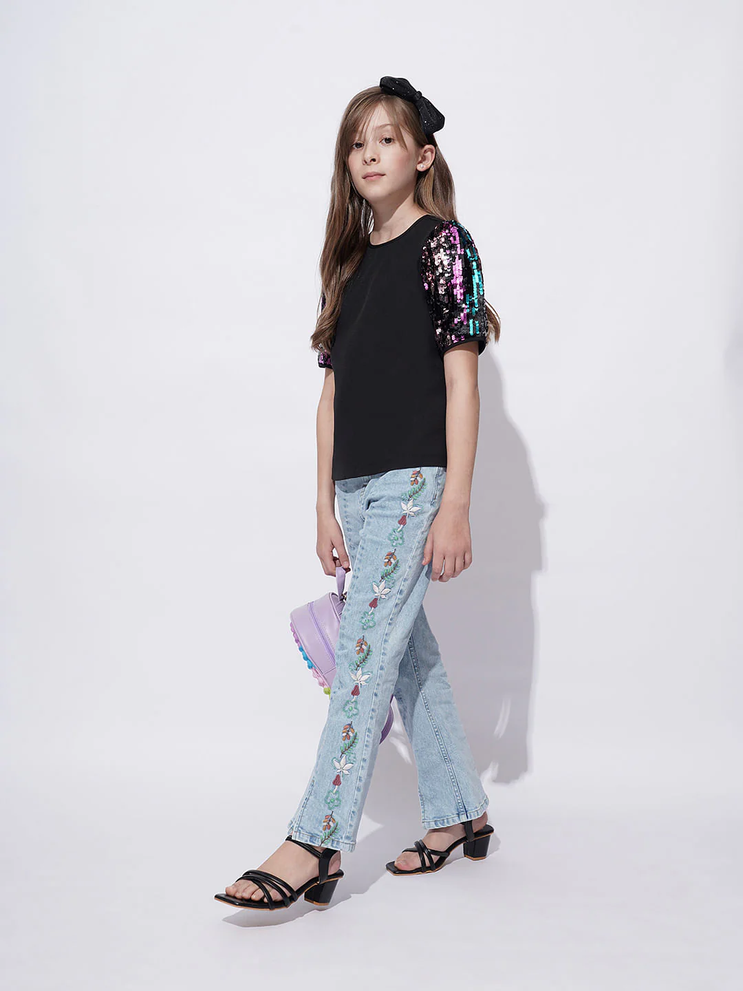 Girls Black Sequin Sleeves Detail Top
