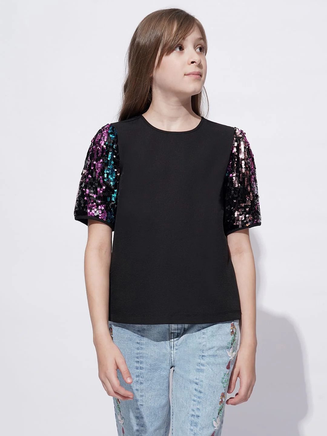 Girls Black Sequin Sleeves Detail Top - Image 2