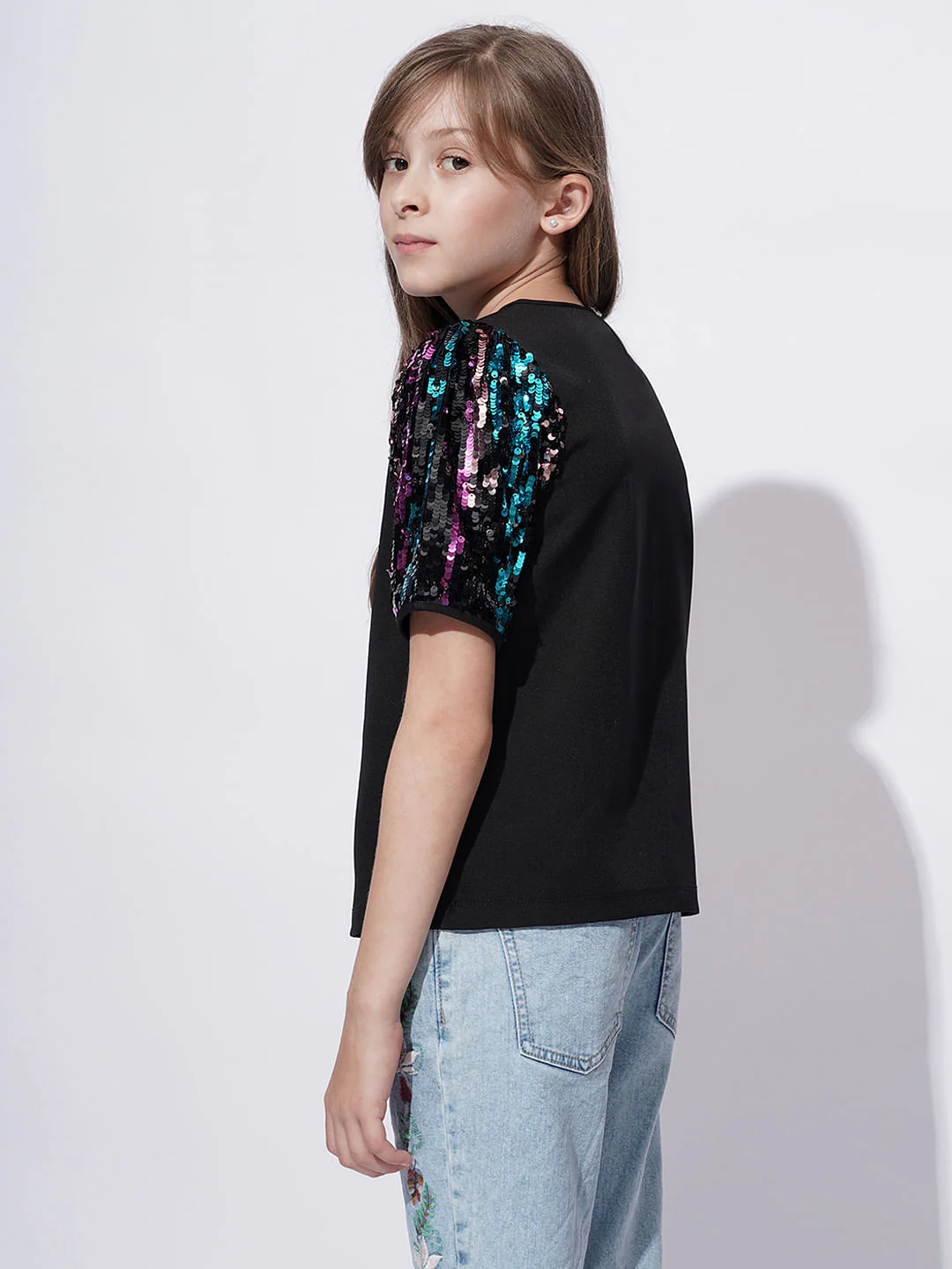 Girls Black Sequin Sleeves Detail Top - Image 3