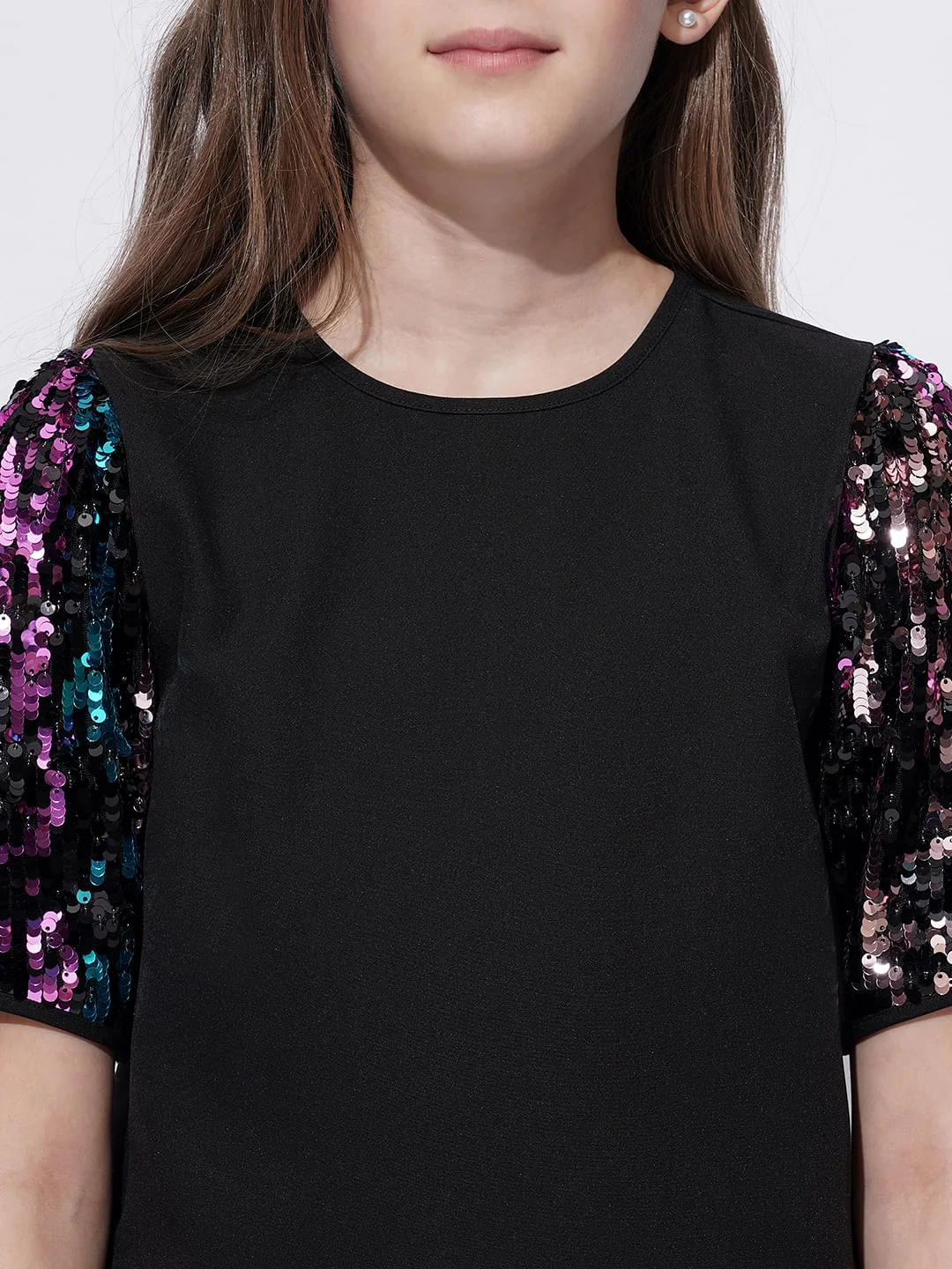 Girls Black Sequin Sleeves Detail Top - Image 4