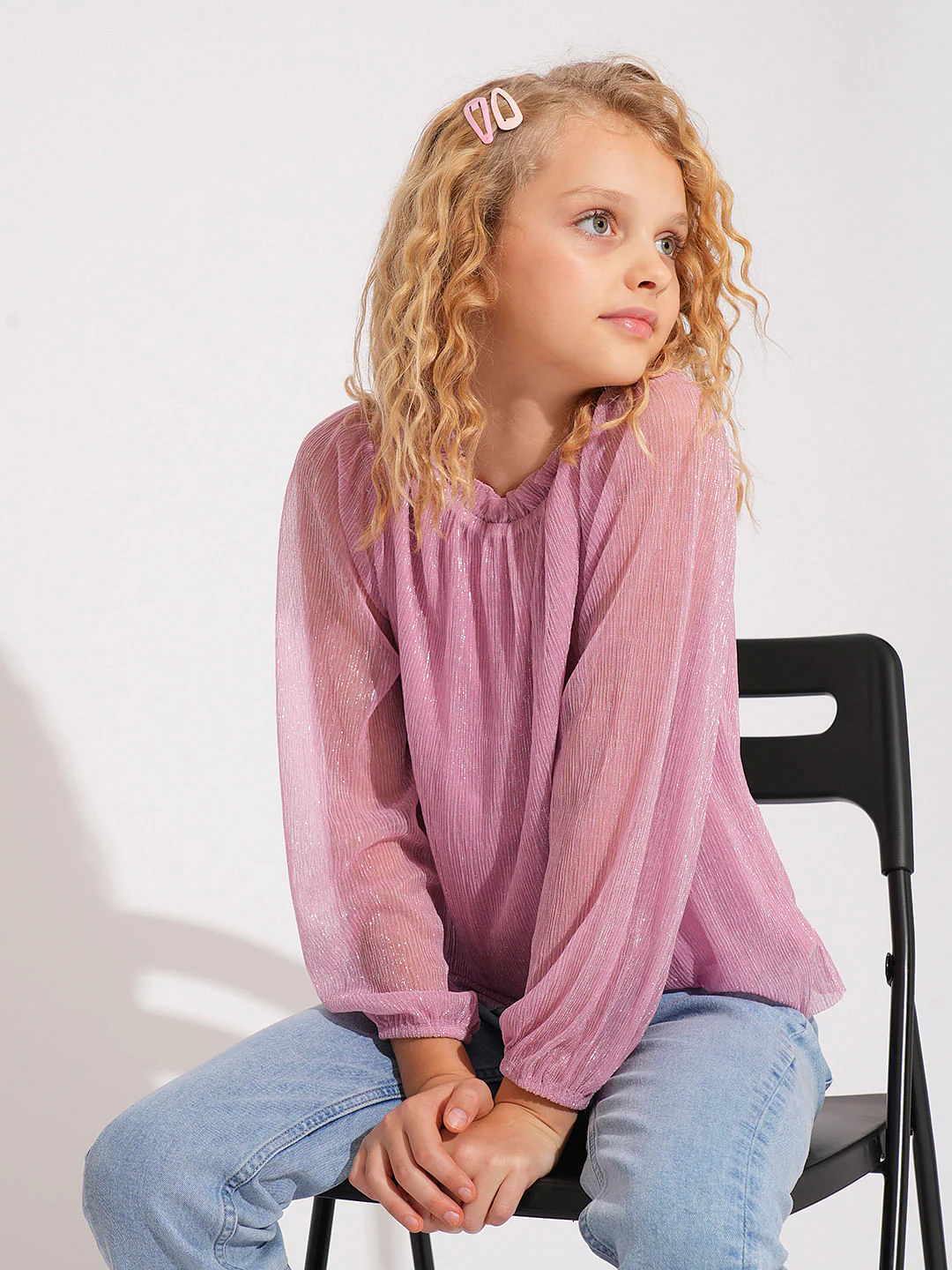 Girls Pink Plisse Shimmer Top
