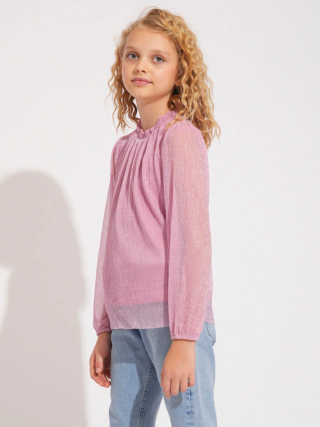 Girls Pink Plisse Shimmer Top - Image 2