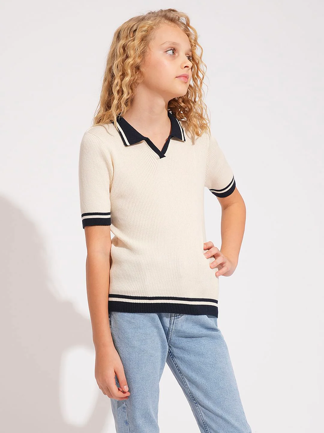 Girls White Ribbed Polo - Image 2