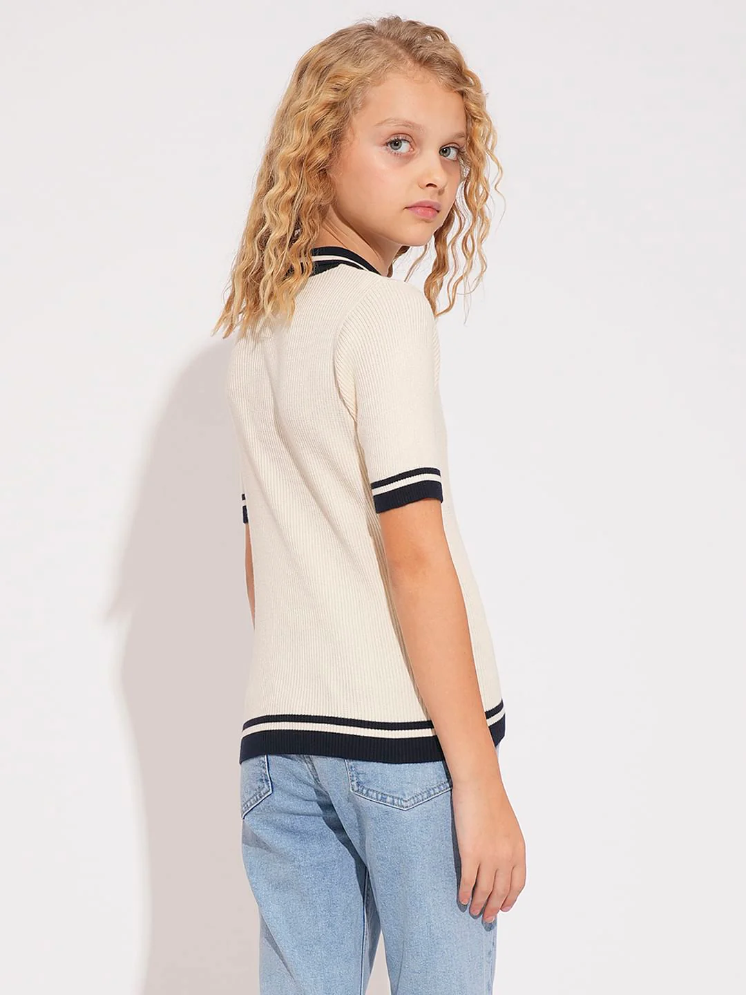 Girls White Ribbed Polo - Image 3