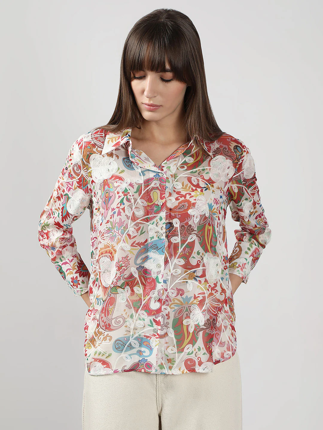 Pink Floral Embroidered Shirt - Image 2