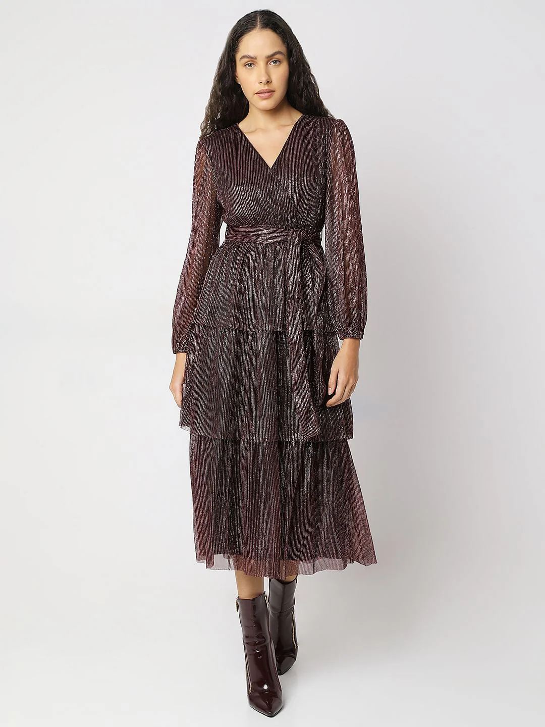 Wine Shimmer Pleated Midi Dress - Image 2