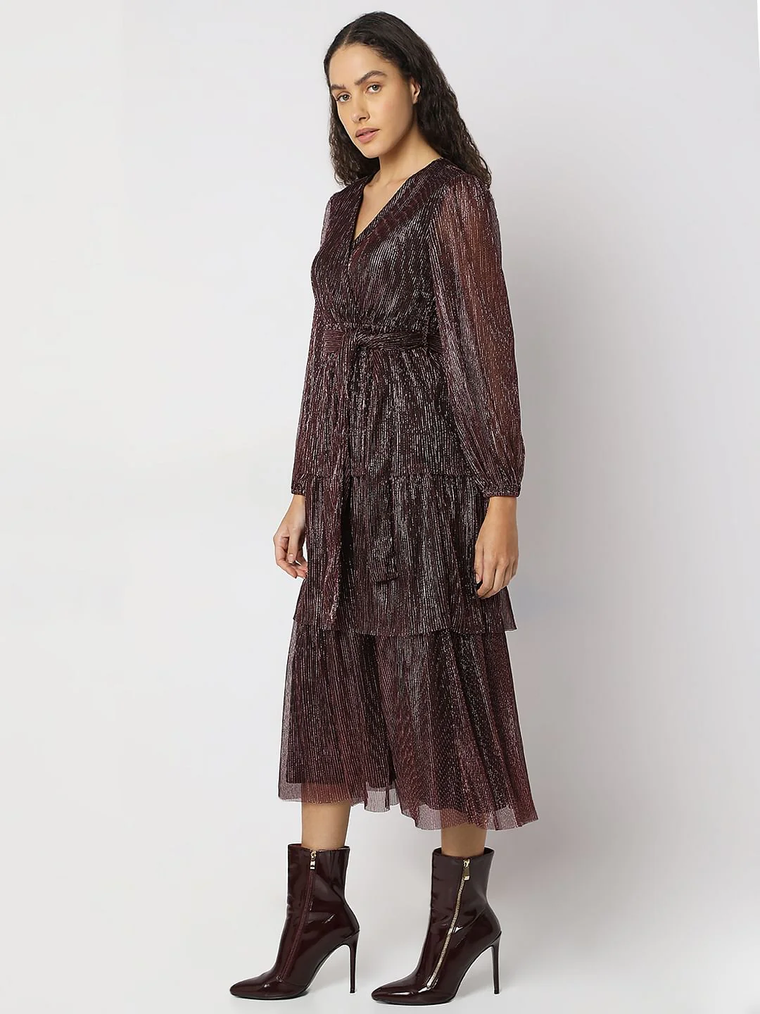 Wine Shimmer Pleated Midi Dress - Image 3