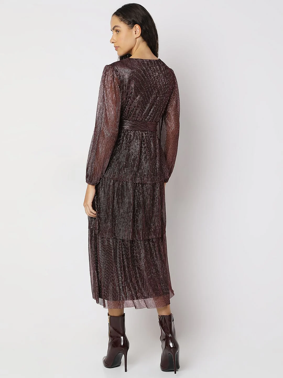 Wine Shimmer Pleated Midi Dress - Image 4