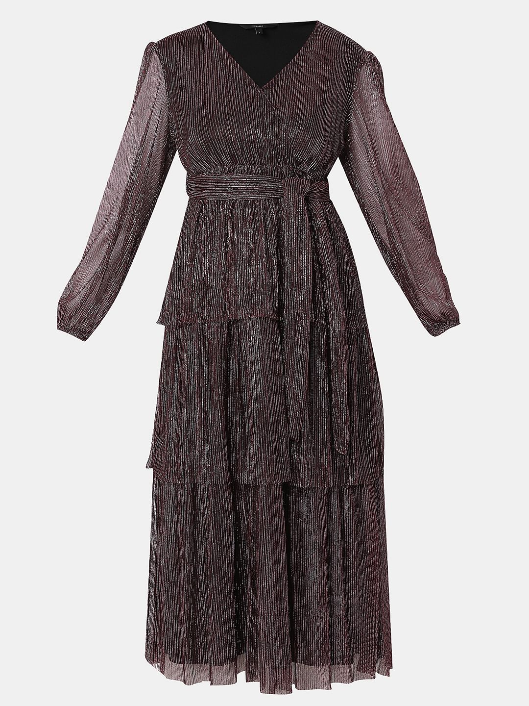 Wine Shimmer Pleated Midi Dress - Image 7