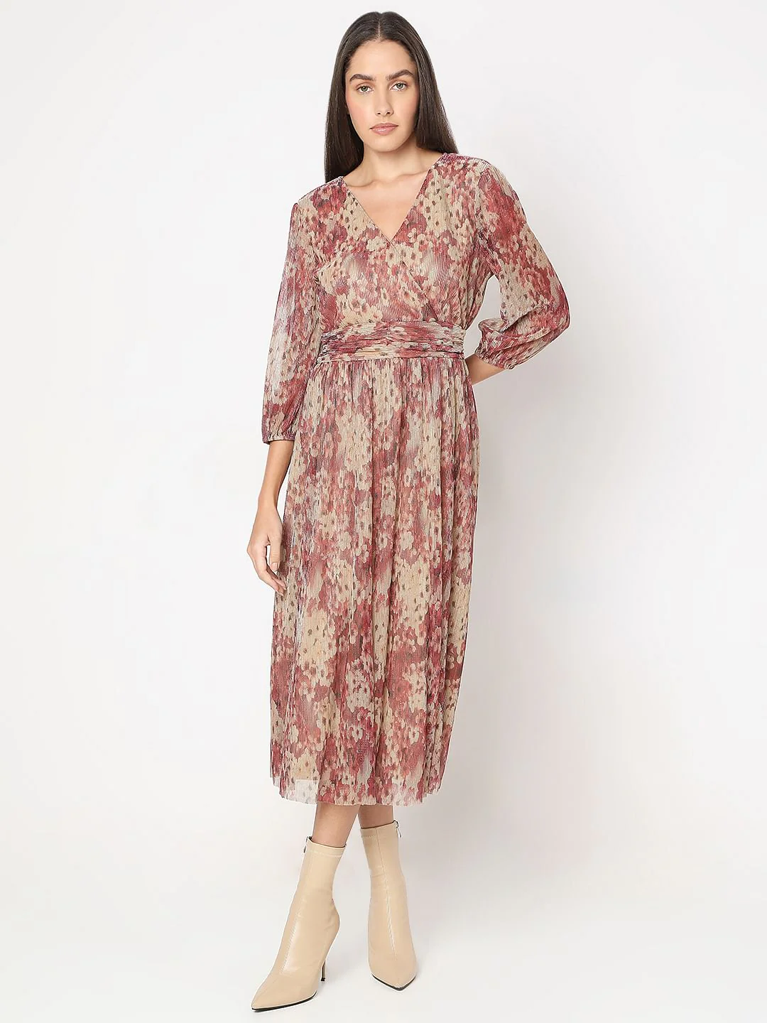 Beige Printed Midi Dress - Image 2