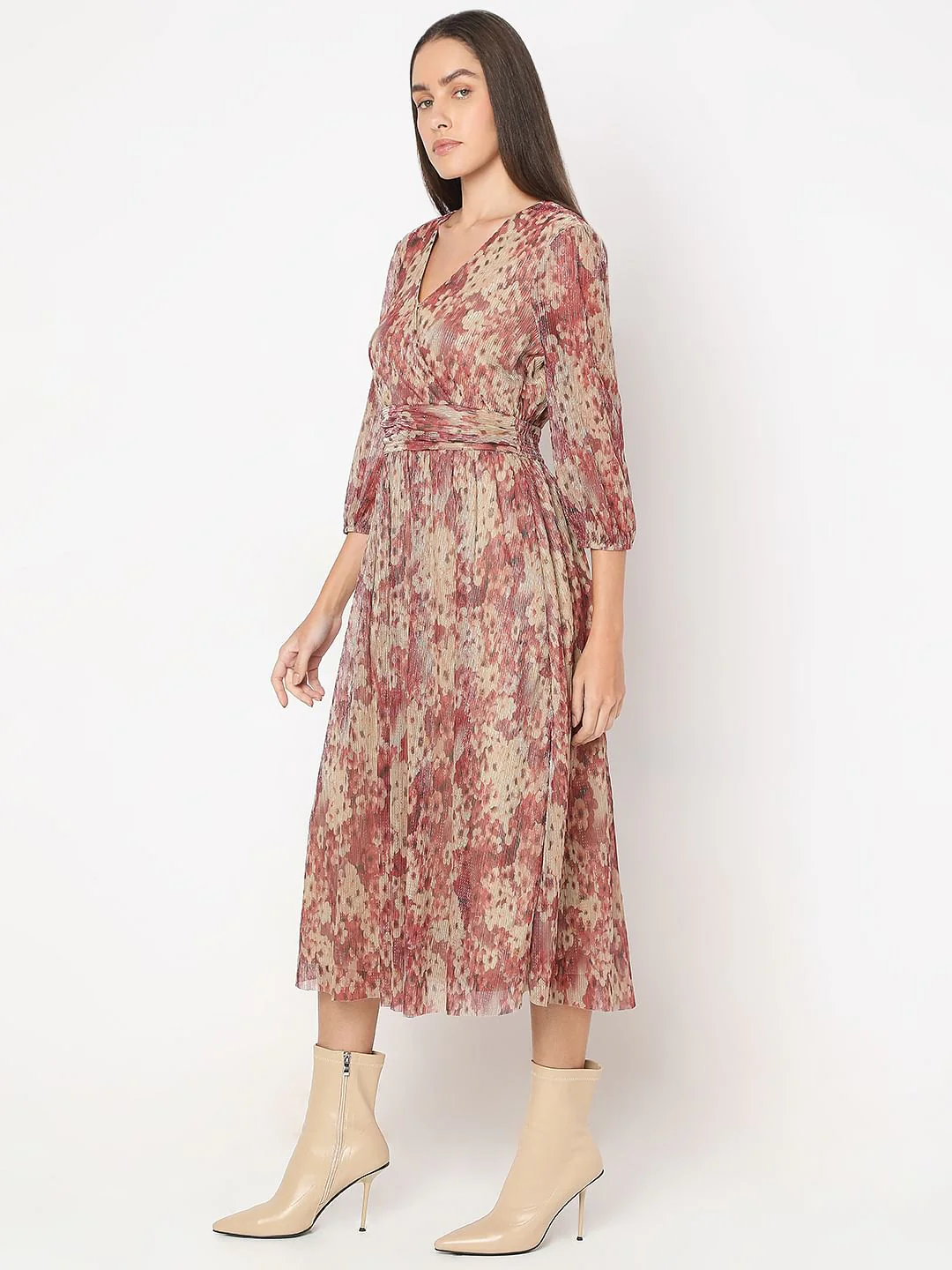 Beige Printed Midi Dress - Image 3