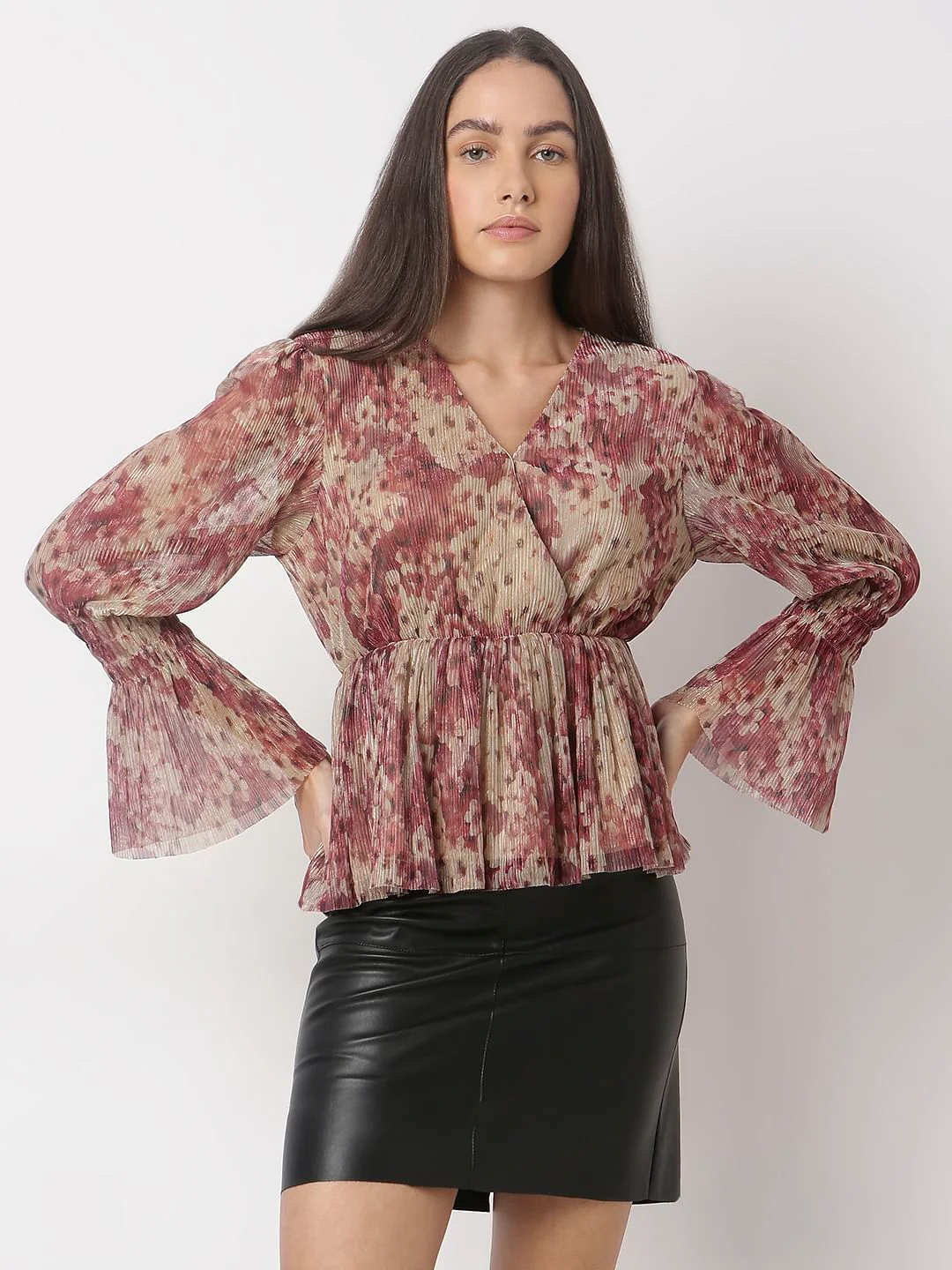 Beige V-Neckprinted Top - Image 2