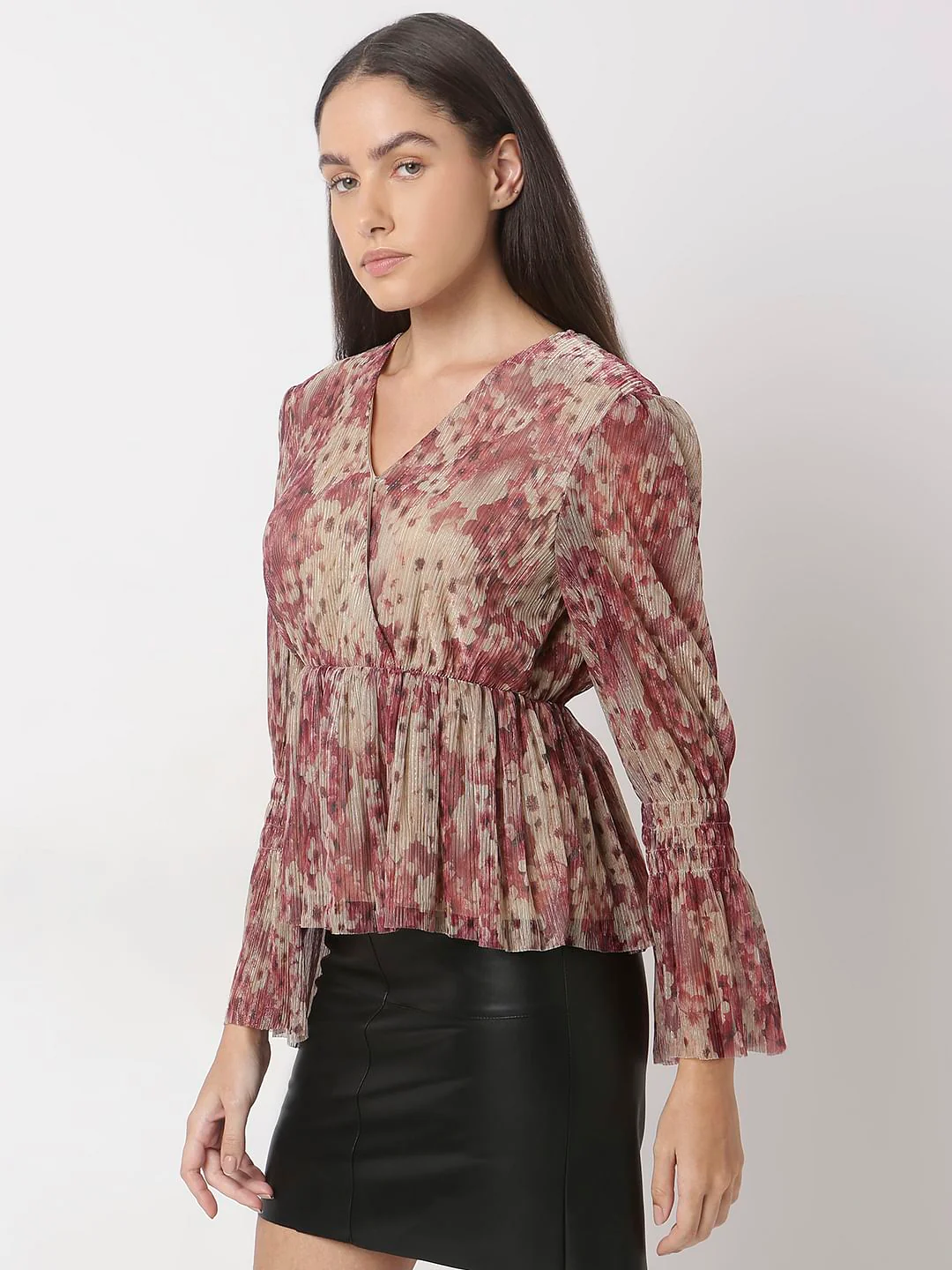 Beige V-Neckprinted Top - Image 3