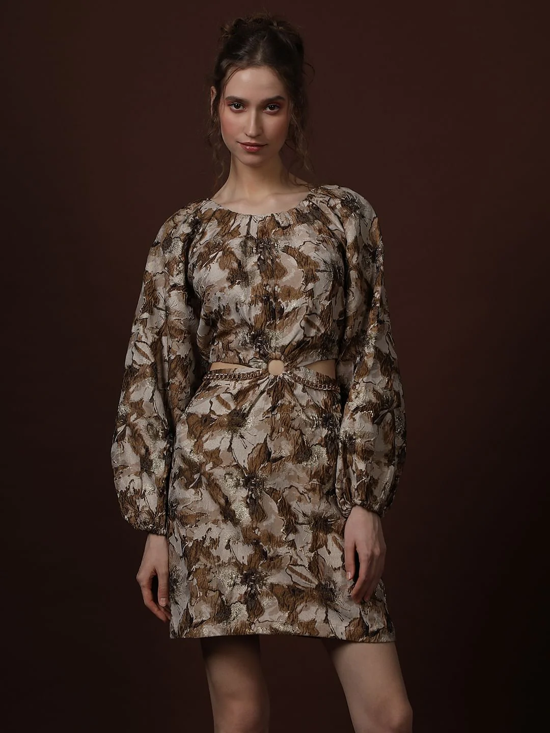 Gold Floral Jaquard Dress - Image 2