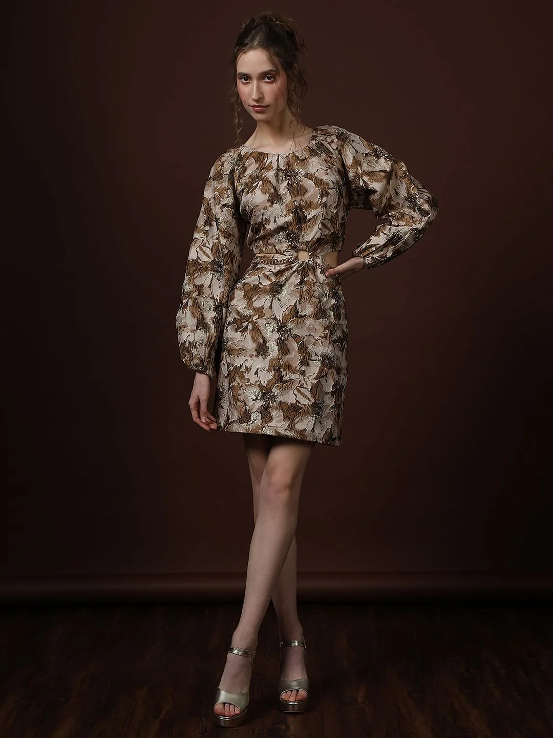 Gold Floral Jaquard Dress - Image 5
