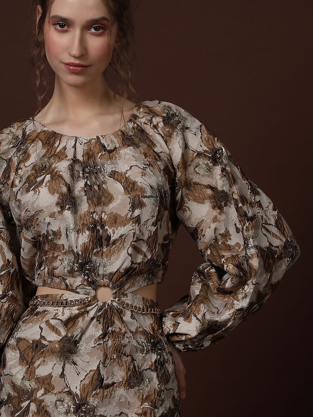 Gold Floral Jaquard Dress - Image 6