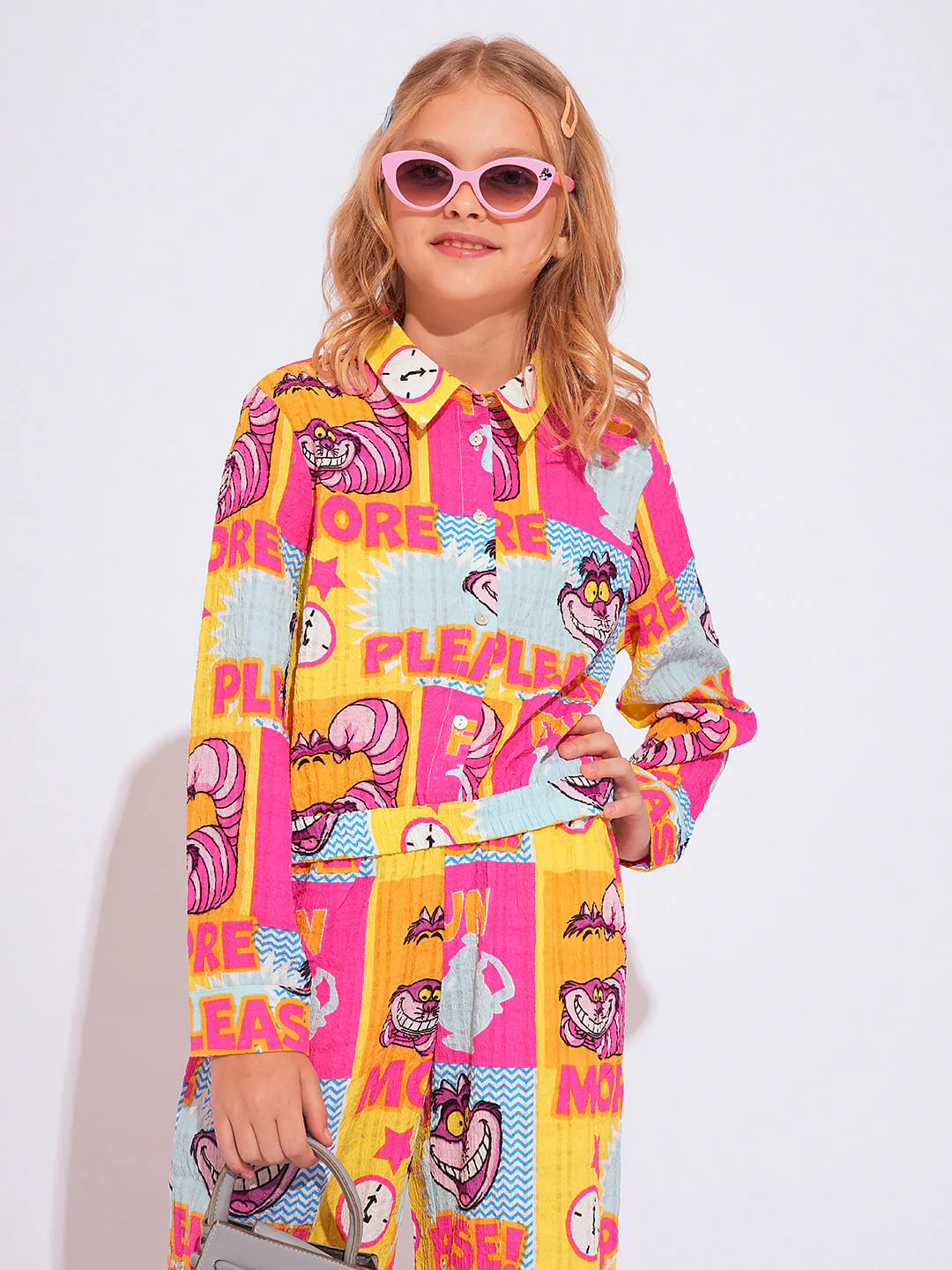 Girl Cheshire Cat Pink Printed Co-Ord Set Shirt