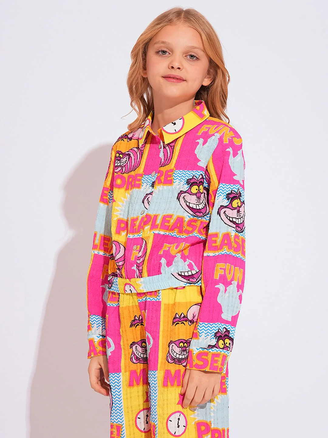 Girl Cheshire Cat Pink Printed Co-Ord Set Shirt - Image 2
