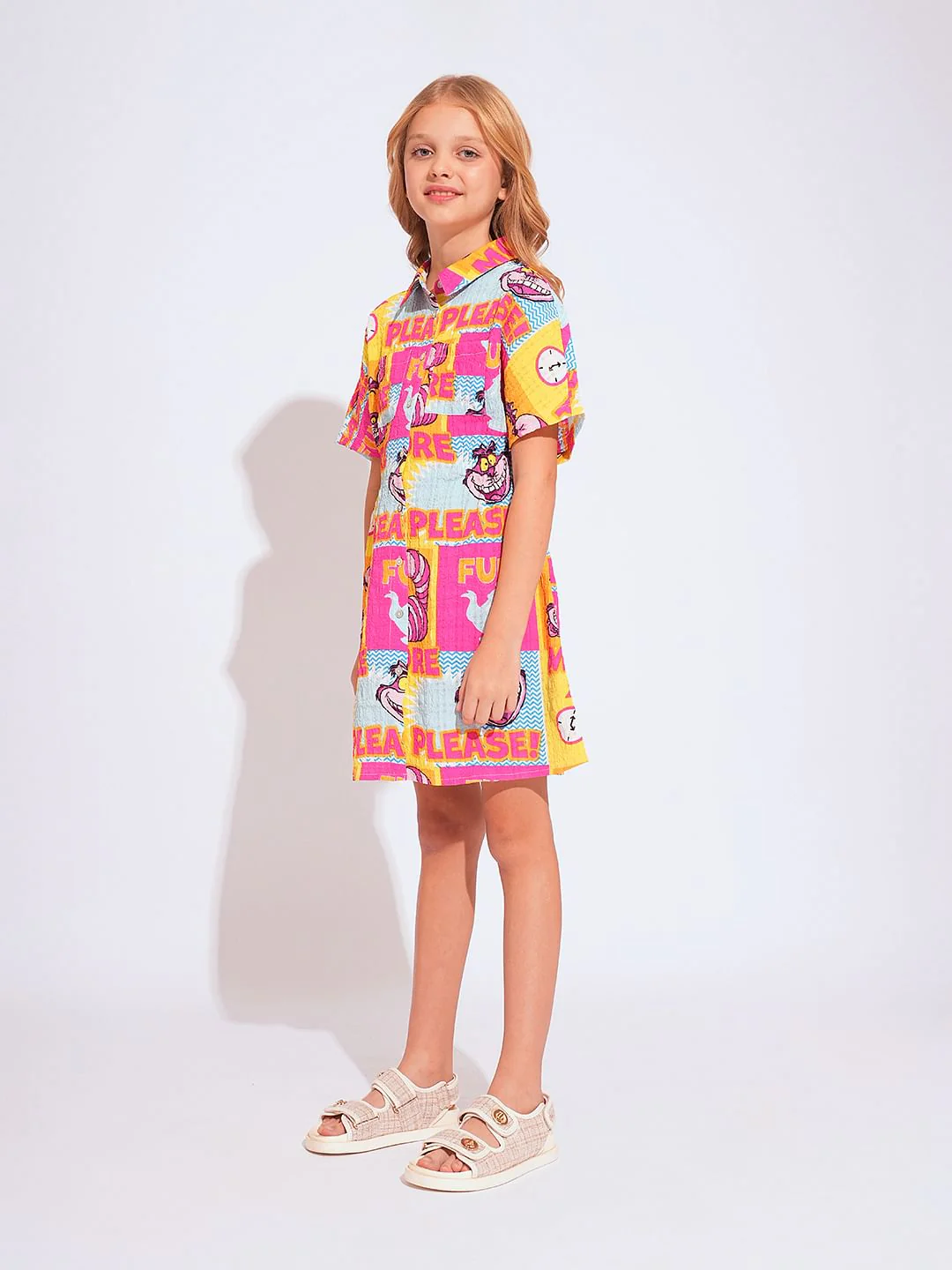 Girl Cheshire Cat Pink Printed Shirt Dress - Image 2