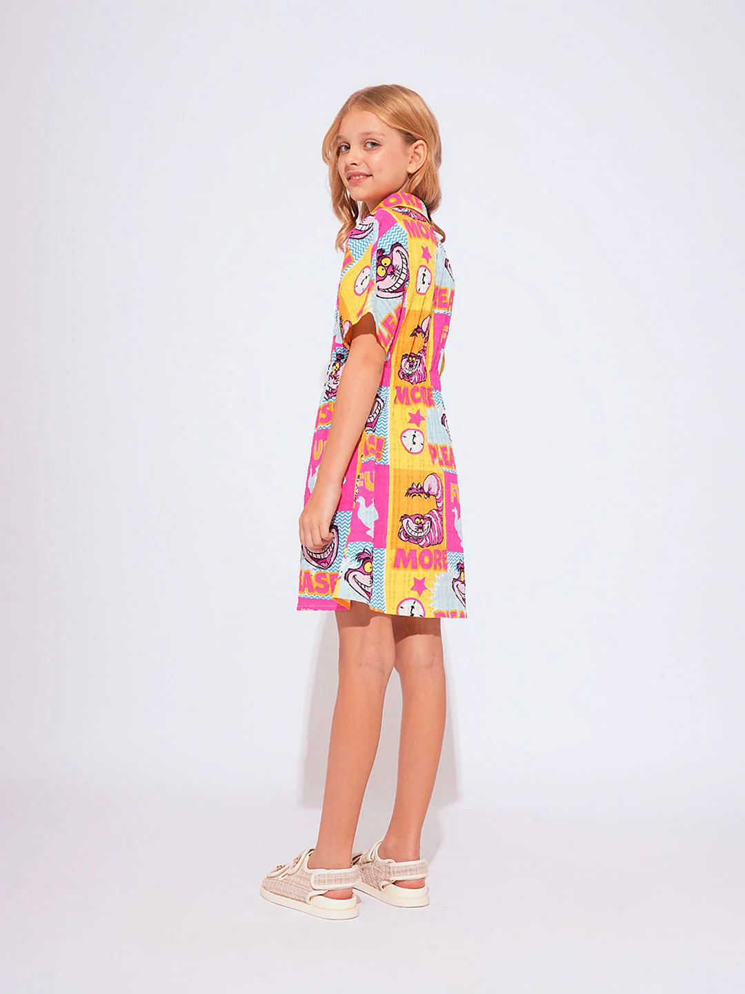 Girl Cheshire Cat Pink Printed Shirt Dress - Image 3