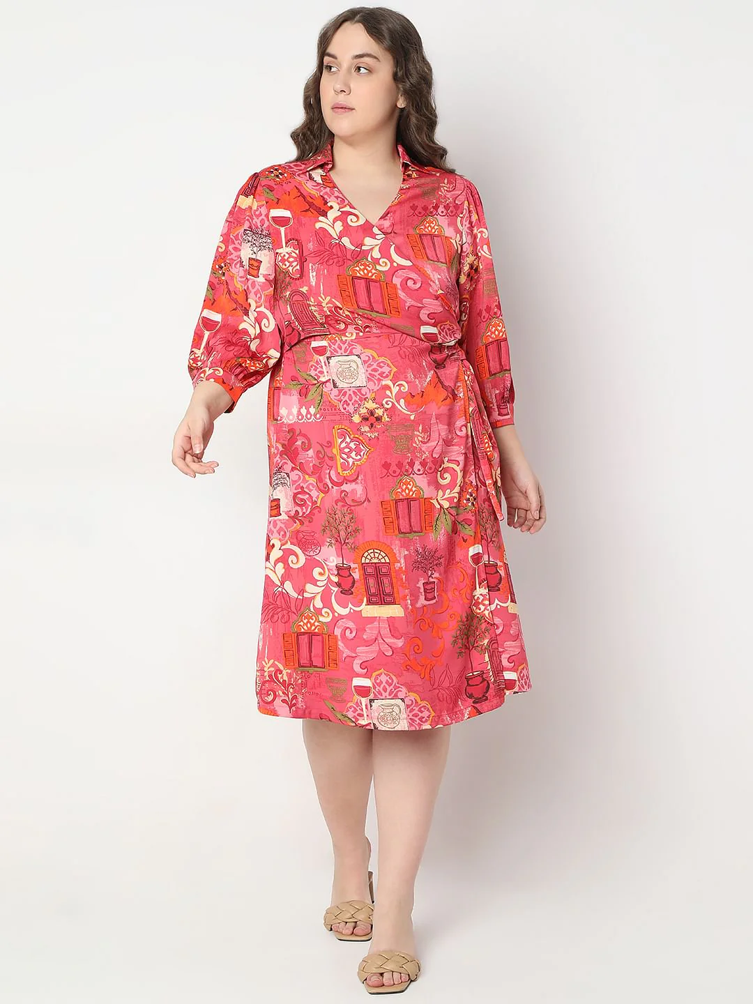 Curve Red Printed Wrap Dress - Image 2