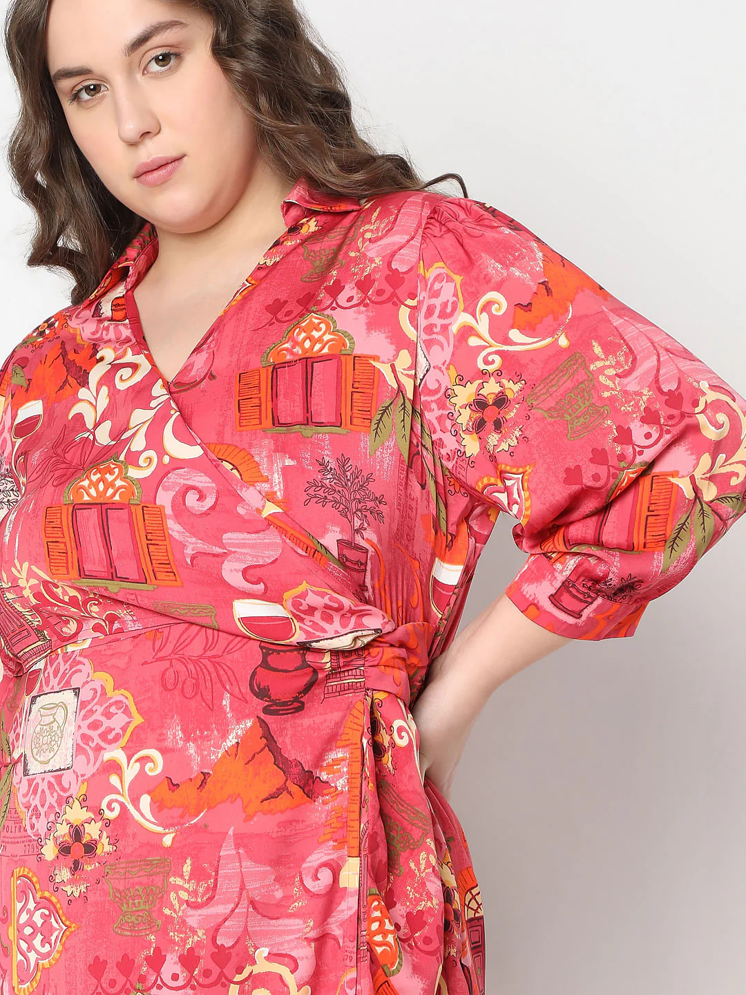 Curve Red Printed Wrap Dress - Image 5