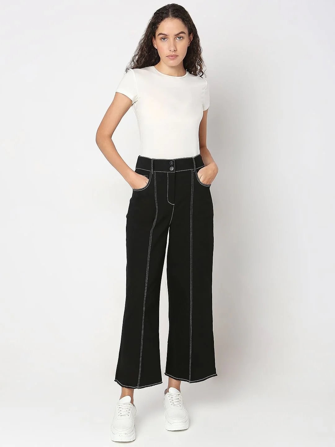 Black Wide Leg Stich Line Jeans - Image 5