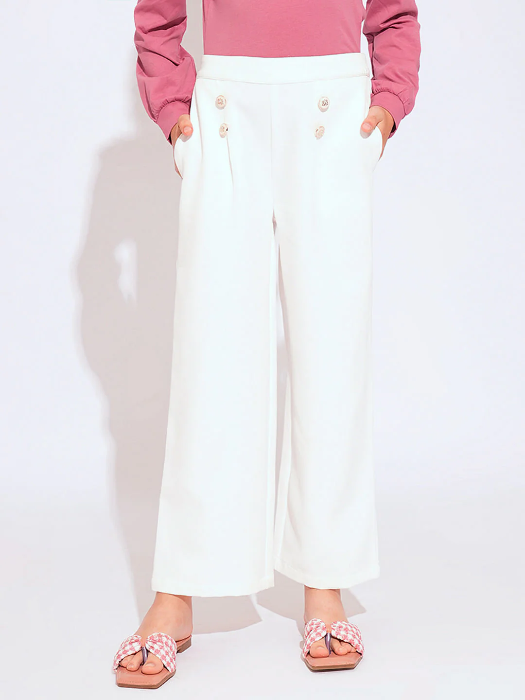 Girls White Button Detail Pants - Image 2