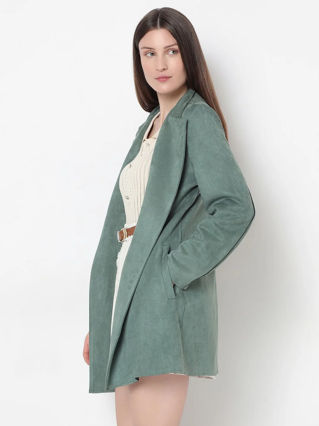 Dark Green Long Suede Jacket - Image 3