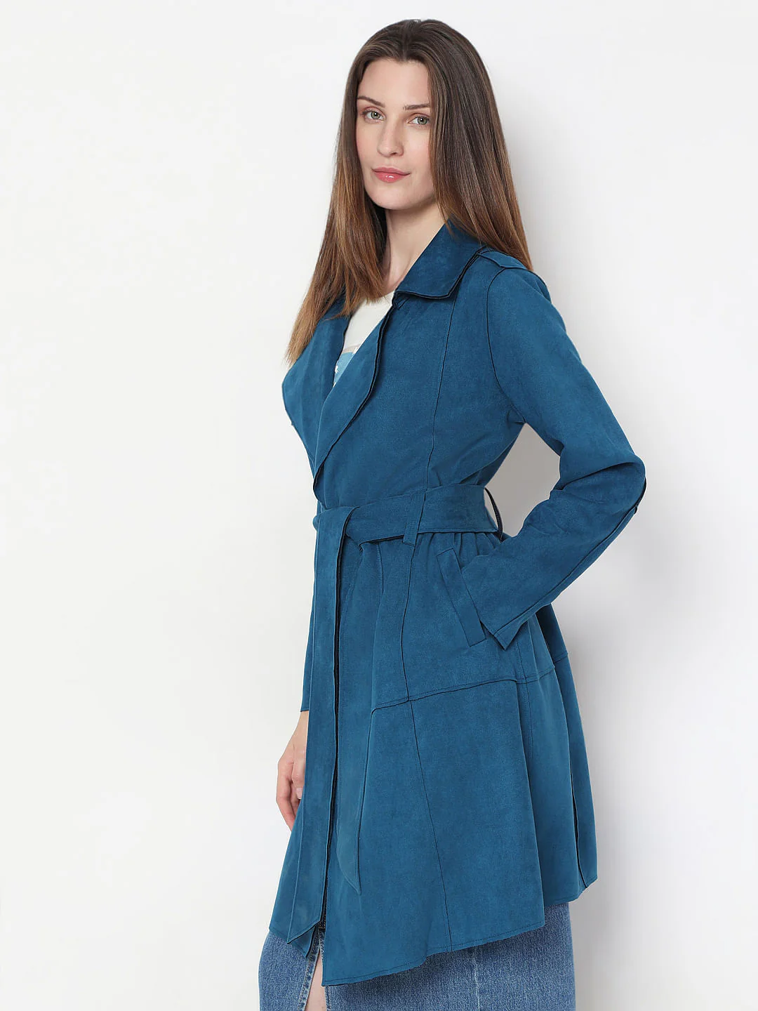 Blue Suede Long Coat - Image 3