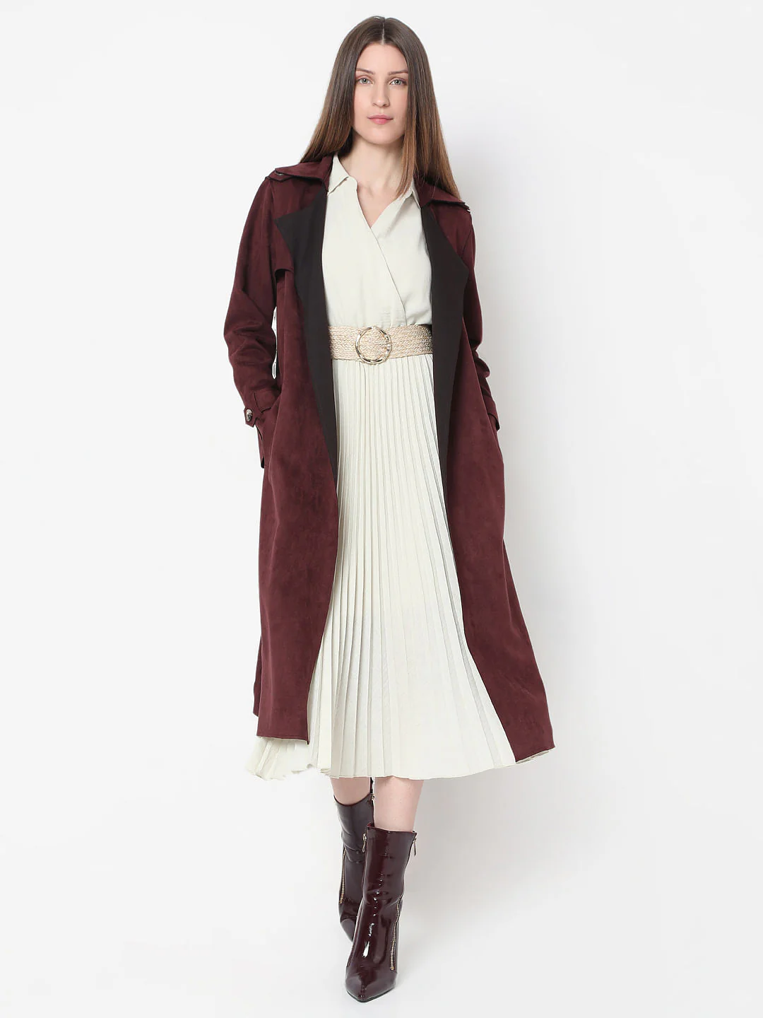 Maroon Suede Long Coat - Image 2
