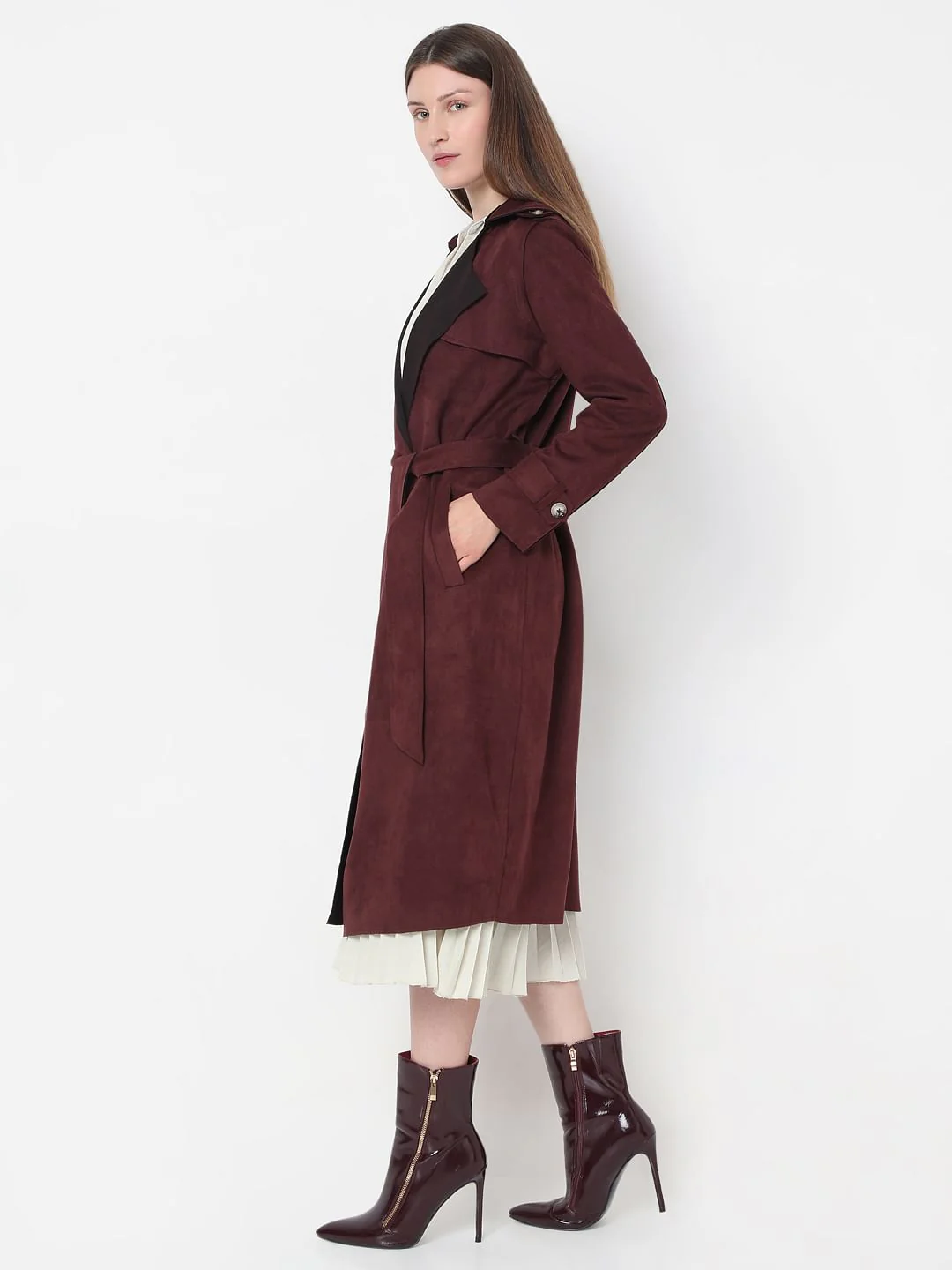 Maroon Suede Long Coat - Image 3